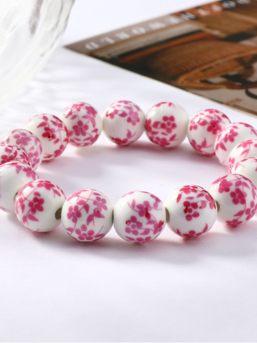 Porcelain Bead Stretch Bracelet with Pink Floral Pattern